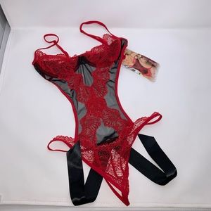Shirley of Hollywood Red Black Lace Mesh Bow Teddy